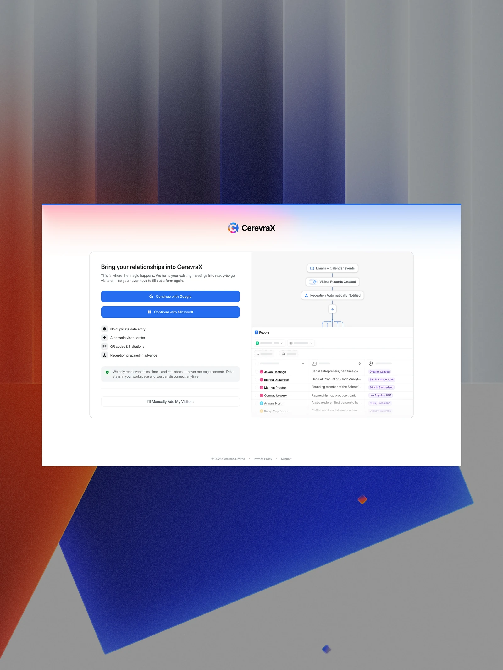 CerevraX onboarding screen inviting teams to connect Google or Microsoft calendars so visitor records are created automatically